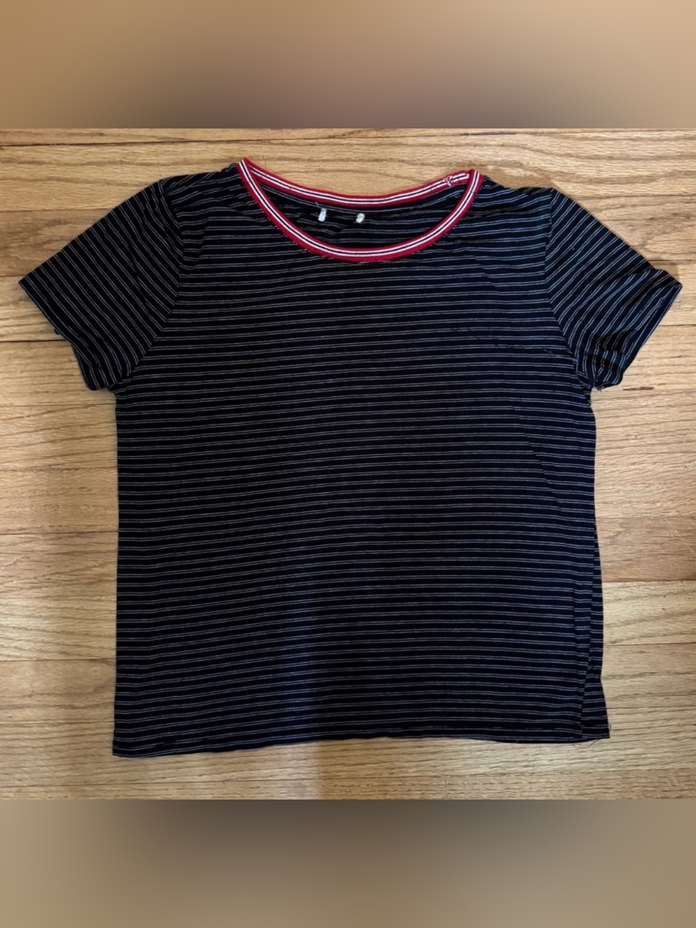 Striped Black and White T-Shirt with Red Collar